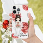 Gepersonaliseerde Cartoon Bride Geboorte Bloem Telefoon Case voor iPhone met Naam Valentijnsdag Wedding Birthday Gift voor Vrouw Moeder