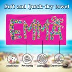 Personalized Multicolor Floral Name Quick Dry Oversized Beach Towel Summer Vacation Pool Party Gift for Women Swimming Lovers