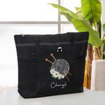 Personalized Birth Flower Yarn Ball Mesh Pockets Oxford Tote Bag with Name and Zipper Travel Accessories Birthday Holiday Gift for Knitting Lovers