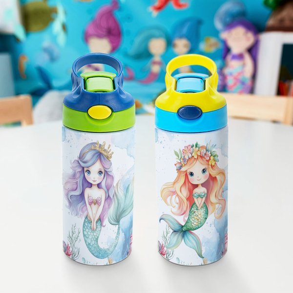 Botella de agua isotérmica de 12 oz con pajita de silicona y tapa antiderrames Personalizada Princesa Sirena Fantasía Regalo de cumpleaños de vuelta al cole para niñas