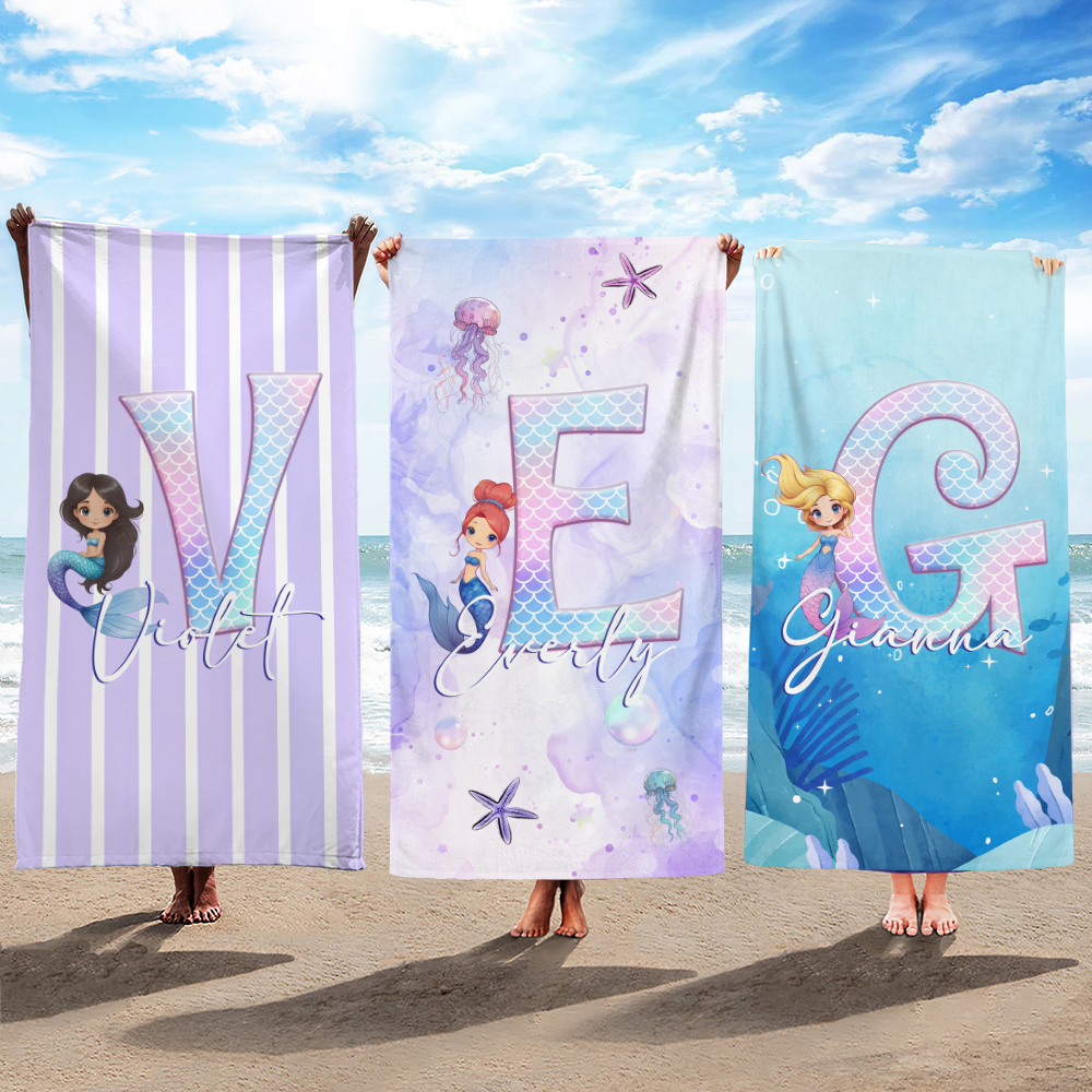 Serviette de Plage Personnalisée avec Motif Sirène Féerique Initiale et Nom Accessoire Séchage Rapide Cadeau Vacances pour Filles Femmes