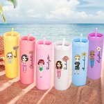 Henkilökohtainen Syntymä Kukka Sarjakuva Lomahahmo 16 oz Pastelli Tumbler olki ja nimi Beach Party Kesäloma lahja perheelle Ystävät