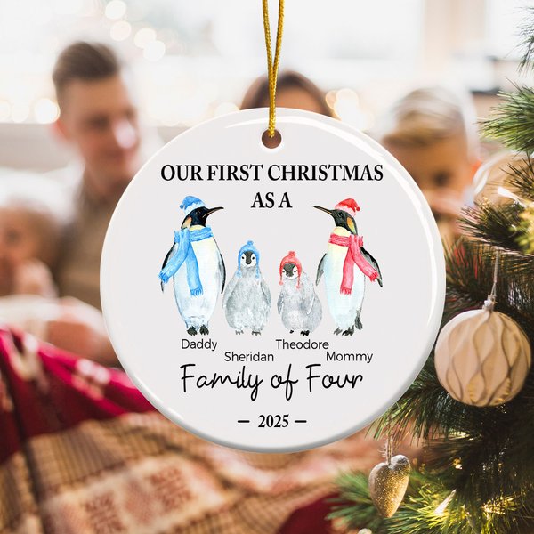Personalised Cute Penguin Family Ceramic Ornament with 3-5 Names and Year Tree Decor Christmas Holiday Birthday Gift for Family Friends