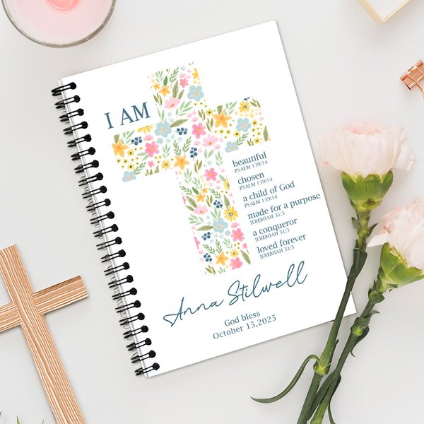 Personalized Floral Cross Bible Verse Holy 120 Pages A5 Spiral Journal Notebook with Name and Date First Communion Baptism Gift for Girls Christians
