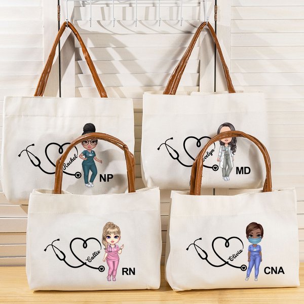Personalisierte Cartoon-Charakter Stethoskop Canvas große Tragetasche mit Namen und Titel Anerkennung Krankenschwester Woche Geschenk für Ärzte Krankenschwestern medizinisches Personal