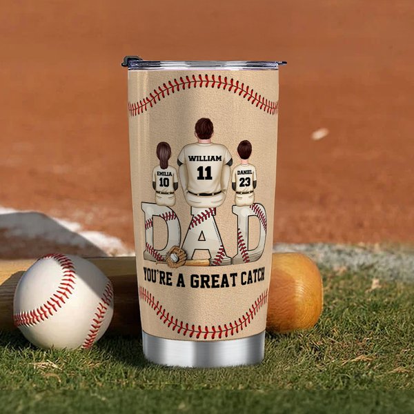 Personalized Dad and 1-4 Children Baseball Stainless Steel 20 oz Tumbler with Names Straw and Brush Father's Day Gift for Dad Grandpa