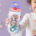 Personalisierte Fantasy Meerjungfrau Prinzessin 12 oz isolierte Wasserflasche mit Silikon-Strohhalm und Spill-Proof-Deckel zurück zu Schule Geburtstag Geschenk für Mädchen