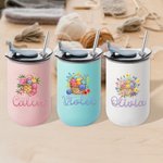 Personalized Floral Yarn Basket Name 10 oz Wine Tumbler with Leakproof Lid and Straw Birthday Gift for Crocheter Knitting Lovers