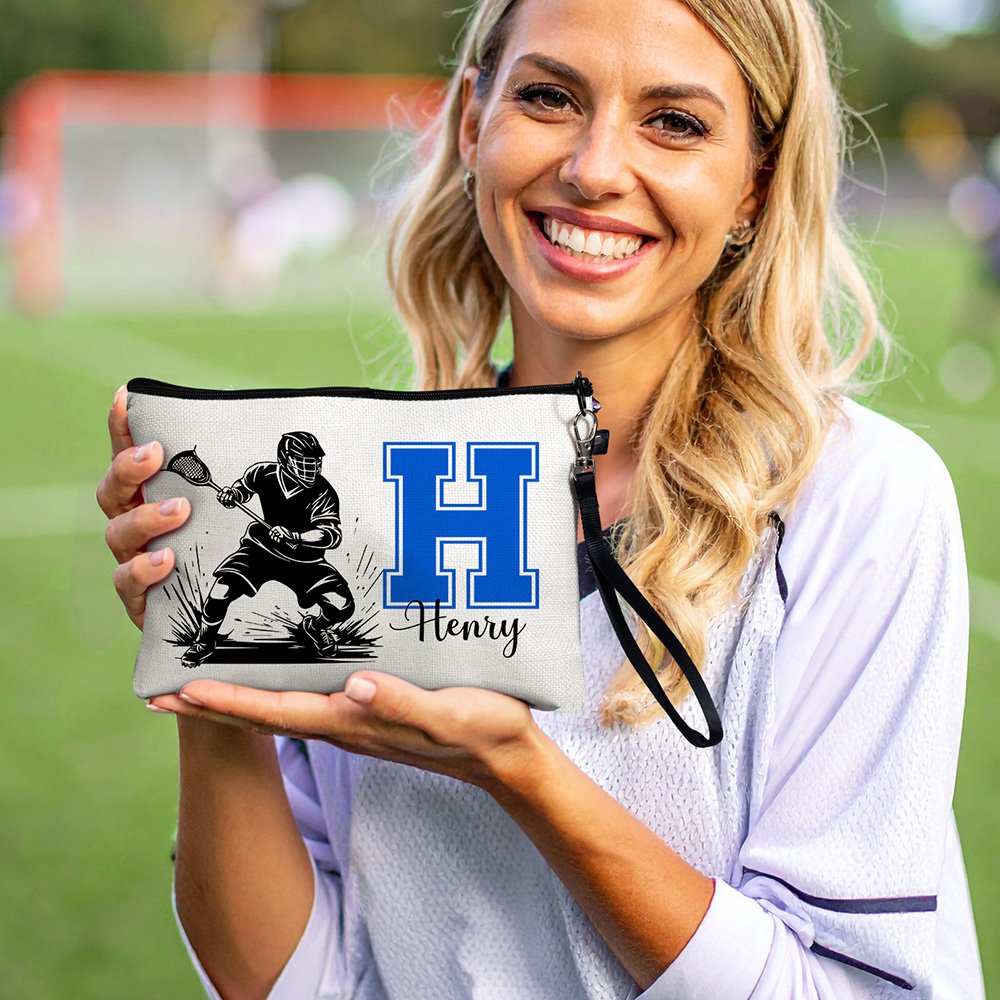 Henkilökohtainen Lacrosse Player siluetti Kosmeettinen laukku Initial nimi ja rannekorun Match päivä syntymäpäivälahja Lacrosse ystäville