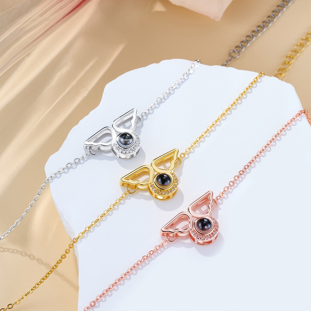 Bracelet personnalisé en Zircon avec ailes d'ange et projection de photos Cadeau commémoratif pour femme perte d'un être cher