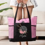 Personalized Birth Flower Yarn Ball Mesh Pockets Oxford Tote Bag with Name and Zipper Travel Accessories Birthday Holiday Gift for Knitting Lovers