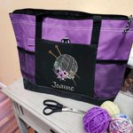 Personalized Birth Flower Yarn Ball Mesh Pockets Oxford Tote Bag with Name and Zipper Travel Accessories Birthday Holiday Gift for Knitting Lovers