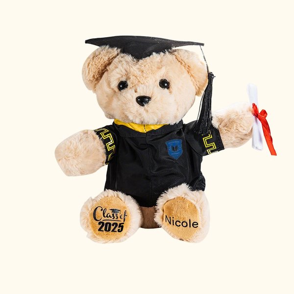 Orsacchiotto di peluche personalizzato con nome e anno sui piedi e distintivo scolastico regalo di laurea per diplomati del 2025
