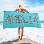 Personalized Multicolor Floral Name Quick Dry Oversized Beach Towel Summer Vacation Pool Party Gift for Women Swimming Lovers