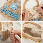 Personalizado lindo tejido de flores nombre del niño hecho a mano bolsa de paja Crossbody con correa para el hombro y el forro de cordón cumpleaños Día del Niño de regalo para las niñas