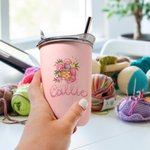 Personalized Floral Yarn Basket Name 10 oz Wine Tumbler with Leakproof Lid and Straw Birthday Gift for Crocheter Knitting Lovers