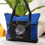 Personalized Birth Flower Yarn Ball Mesh Pockets Oxford Tote Bag with Name and Zipper Travel Accessories Birthday Holiday Gift for Knitting Lovers