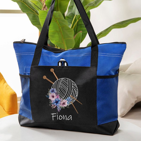 Personalized Birth Flower Yarn Ball Mesh Pockets Oxford Tote Bag with Name and Zipper Travel Accessories Birthday Holiday Gift for Knitting Lovers