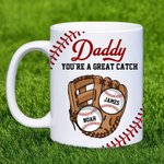 Personalised You Are A Great Catch Baseball Design 11 oz Ceramic Coffee Mug with 1-8 Names Home Decor Game Day Birthday Gift for Family Baseball Lover