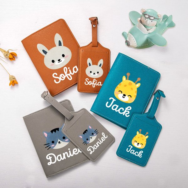 Personalized Cartoon Animals Multicolour PU Leather Passport Holder Luggage Tag Set with Name Travel Accessory Birthday Gift for Kid