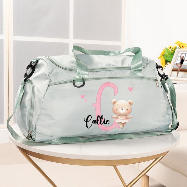 Personalized Cute Animal Ballerina Name Initial Travel Duffle Bag with Shoe Compartment and Shoulder Strap Birthday Team Gift for Ballet Lovers