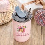 Personalized Floral Yarn Basket Name 10 oz Wine Tumbler with Leakproof Lid and Straw Birthday Gift for Crocheter Knitting Lovers
