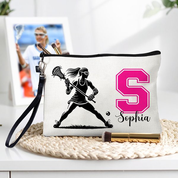 Personlig Lacrosse-spiller silhuett kosmetisk veske med initialnavn og armbånd Match Day bursdagsgave til Lacrosse-elskere