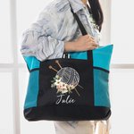 Personalized Birth Flower Yarn Ball Mesh Pockets Oxford Tote Bag with Name and Zipper Travel Accessories Birthday Holiday Gift for Knitting Lovers