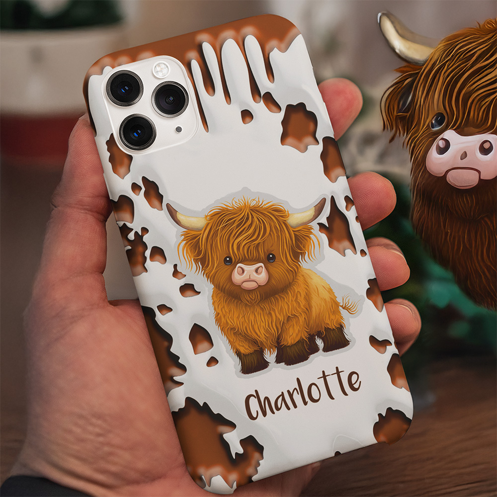 Etui double couche personnalisé pour iPhone avec nom Cadeau d'anniversaire pour les amoureux des vaches des Highlands