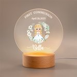 Personalisierte Kranz Cartoon Mädchen LED-Nachtlicht mit hölzernen Basis Name und Datum Erstkommunion Keepsake Taufe Geschenk für Goddaughter Mädchen