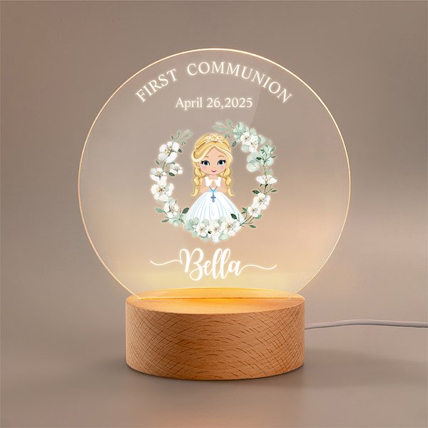 Personalized Wreath Cartoon Girl LED Night Light with Wooden Base Name and Date First Communion Keepsake Baptism Gift for Goddaughter Girls
