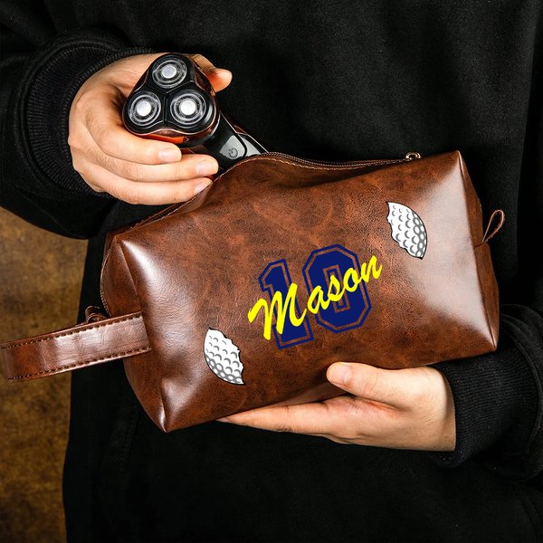 Personalized Cracked Ball Waterproof PU Leather Toiletry Bag with Name Number and Portable Handle Travel Essentials Birthday Gift for Sports Lovers