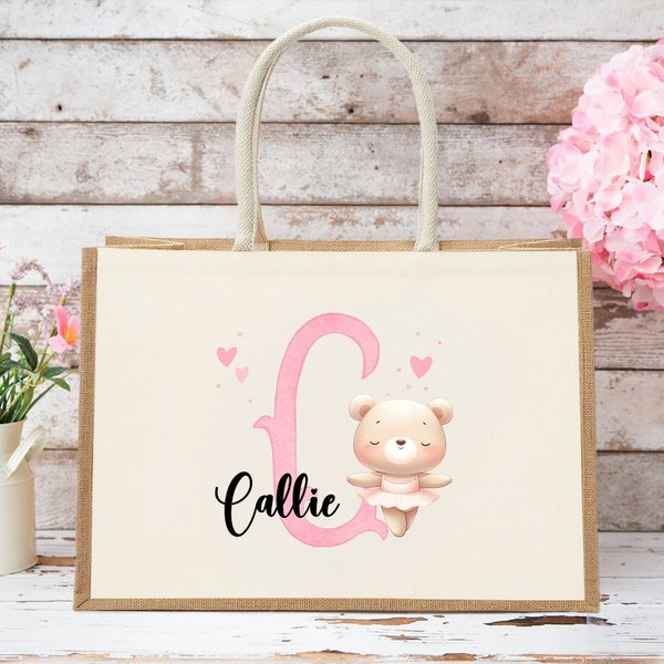 Personalizzato Animale carino Ballerina Borsa in iuta durevole con iniziale e nome Viaggio Regalo di compleanno essenziale per gli amanti del balletto