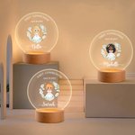 Personalisierte Kranz Cartoon Mädchen LED-Nachtlicht mit hölzernen Basis Name und Datum Erstkommunion Keepsake Taufe Geschenk für Goddaughter Mädchen