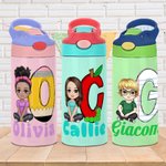 Borraccia con cannuccia personalizzata con nome personaggio cartone animato e designi diversi d'iniziale ritorna alla scuola regalo per ragazzi