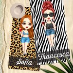 Toalla de playa personalizada grande con estampado de leopardo y cebra personaje de dibujos animados con nombre regalo de viajes para mujeres