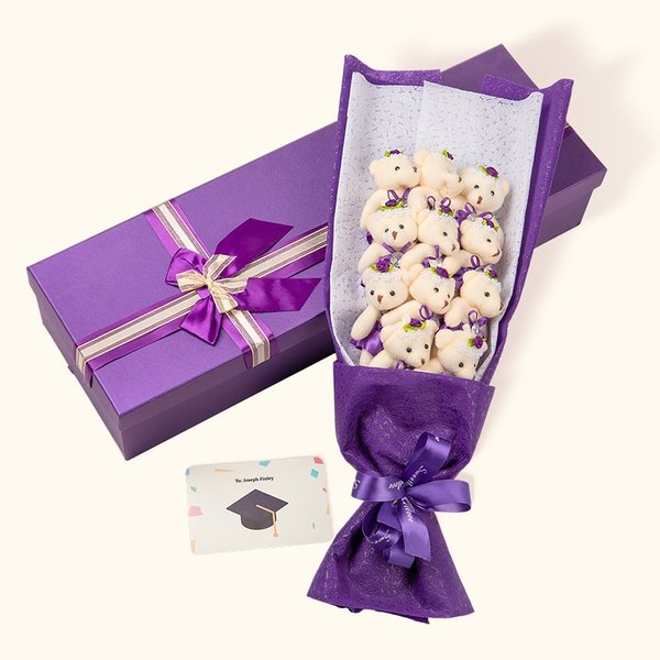 Personalizado lindo peluche flor oso cinta arco ramo con caja de regalo y tarjeta de felicitación Clase de 2025 fiesta de graduación de regalo para los graduados