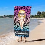 Toalla de playa personalizada grande con estampado de leopardo y cebra personaje de dibujos animados con nombre regalo de viajes para mujeres