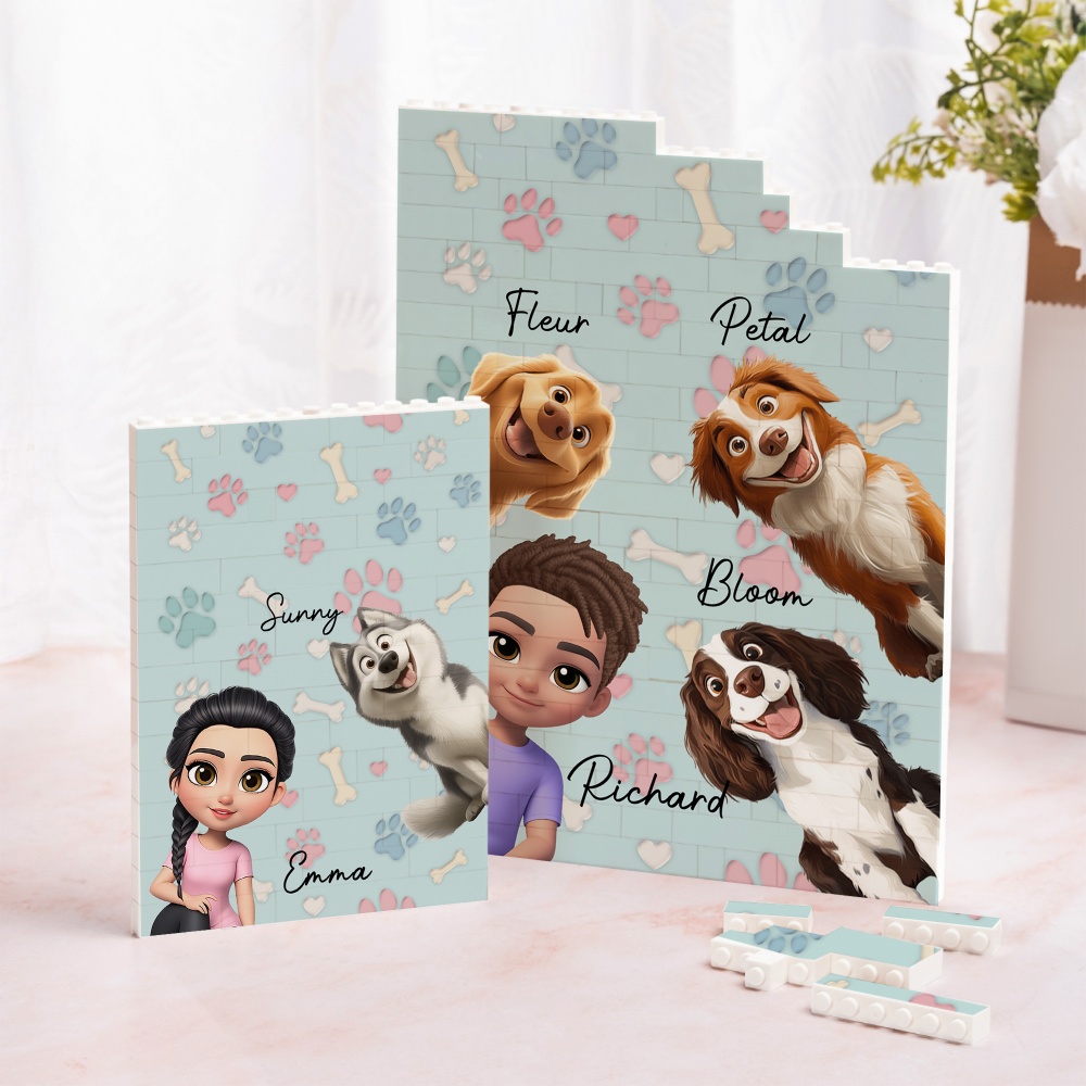 Puzzle Brique de Construction Personnalisé avec Personnage 3D de Dessin Animé et 1 à 4 Chiens et Noms Cadeau Anniversaire pour Amoureux des Animaux