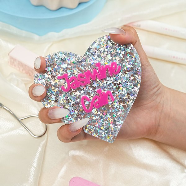 Personalized Mirror Glitter Heart Acrylic Nail Art Disc with Text Social Media Photo Display Beauty Salon Opening Gift for Manicurists Nail Artists