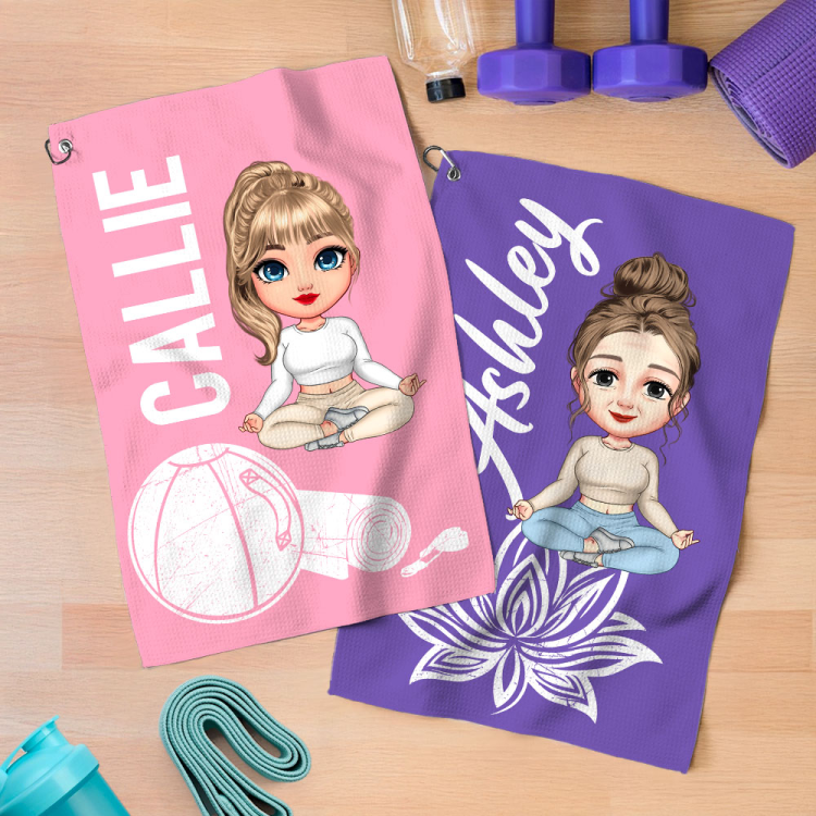 Serviette de Toilette Gaufrée Personnalisée avec Nom et Personnage Accessoire de Sport à Séchage Rapide Cadeau Anniversaire pour Femme Amateur de Yoga
