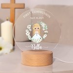 Personalisierte Kranz Cartoon Mädchen LED-Nachtlicht mit hölzernen Basis Name und Datum Erstkommunion Keepsake Taufe Geschenk für Goddaughter Mädchen