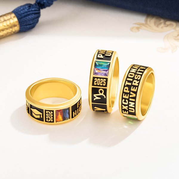 Personalized Grad Cap Mascot Sports Icon Birthstone Stamped Ring with School Name and Year Graduation Anniversary Gift for Graduates Classmates