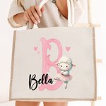 Personalizzato Animale carino Ballerina Borsa in iuta durevole con iniziale e nome Viaggio Regalo di compleanno essenziale per gli amanti del balletto