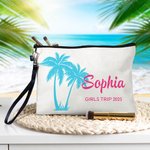 Personalized Palm Linen Makeup Bag with Name Text and Wrist Strap Birthday Travel Beach Party Gift for Women Bridesmaids