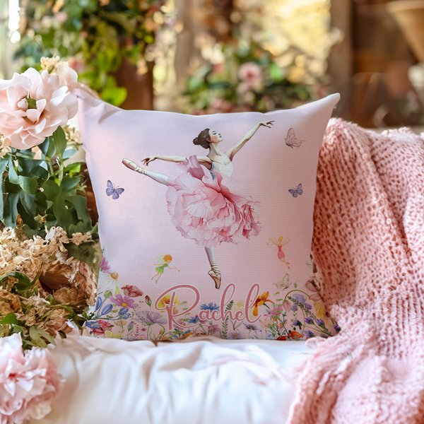 Personalised Birth Flower Butterfly Ballet Girl Soft Throw Pillow Cover with Name Home Decor Anniversary Birthday Gift for Girls Women Dancers