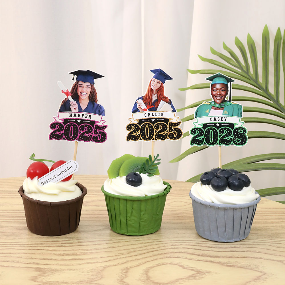 Personnalisé Faux Glitter Face Photo Graduation Congrats Cupcake Toppers with Name Cookie Cake Decor Graduation Party Gift for Graduates