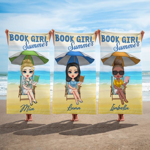 Personalised Book Girl Summer Cartoon Character Soft Quick Dry Beach Towel with Name Travel Essential Beach Party Birthday Gift for Women