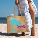 Personalized Palm Tree Large Jute Tote Bag with Name and Text Travel Accessories Birthday Beach Party Wedding Gift for Women Bridesmaids
