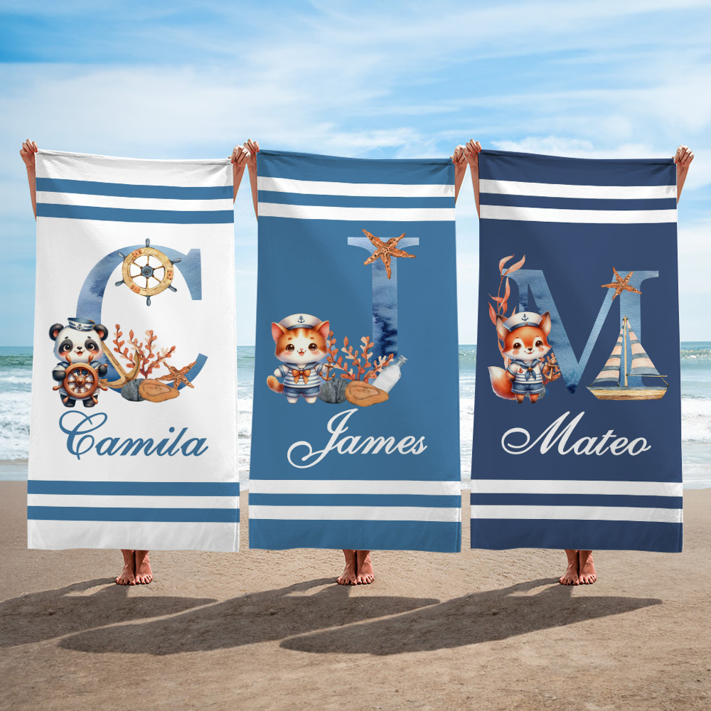 Animale personalizzato Sailor Initial Asciugamano da spiaggia sovradimensionato ad asciugatura rapida con nome Viaggio estivo Regalo essenziale di com